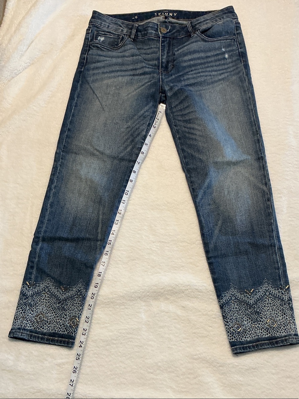 White House Black Market Dark Blue Cropped Skinny Jeans with Embellished Hem
